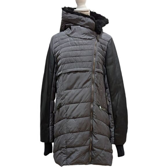 Bebe Women's XL Quilted Puffer Jacket Mid Length Zip Hooded Faux Fur Grey/Black - Picture 1 of 10